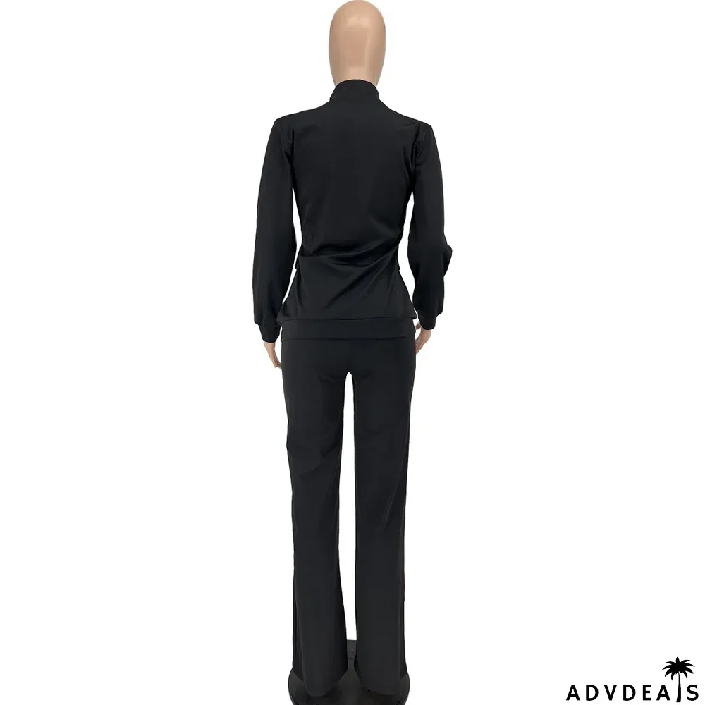 Plus Size Zipper Long Sleeve 2 Piece Pants Sets