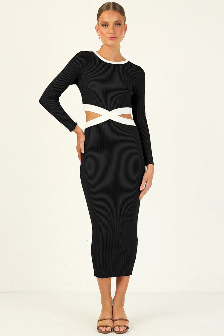 Knit Waist Cut Out Long Sleeve Midi Dresses