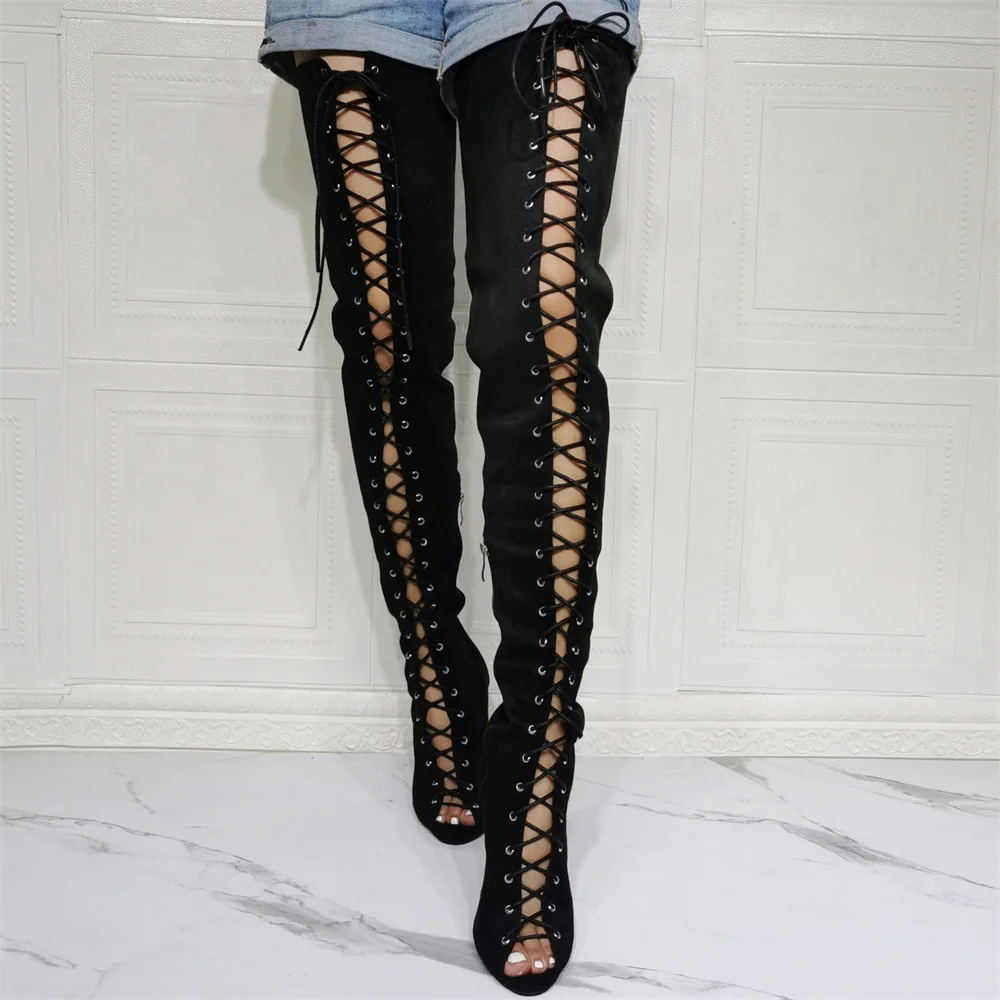 Plus Size Over the Knee High Sandal Boots Women's Sexy Cut-out Leather Shoes Novameme