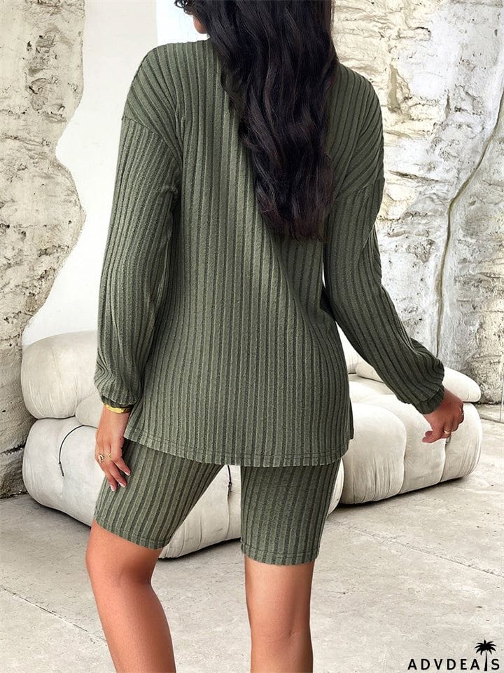 Female Pure Color Leisure Knitted Sweater + Shorts Two-piece Set