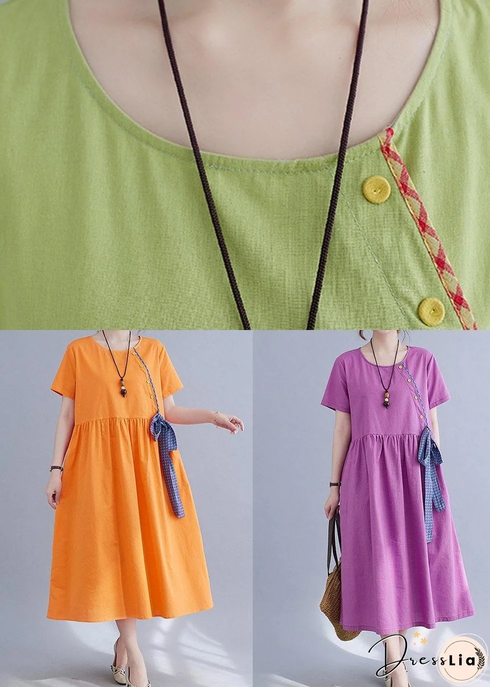 Natural Purple O-Neck Linen Summer Cotton Dress