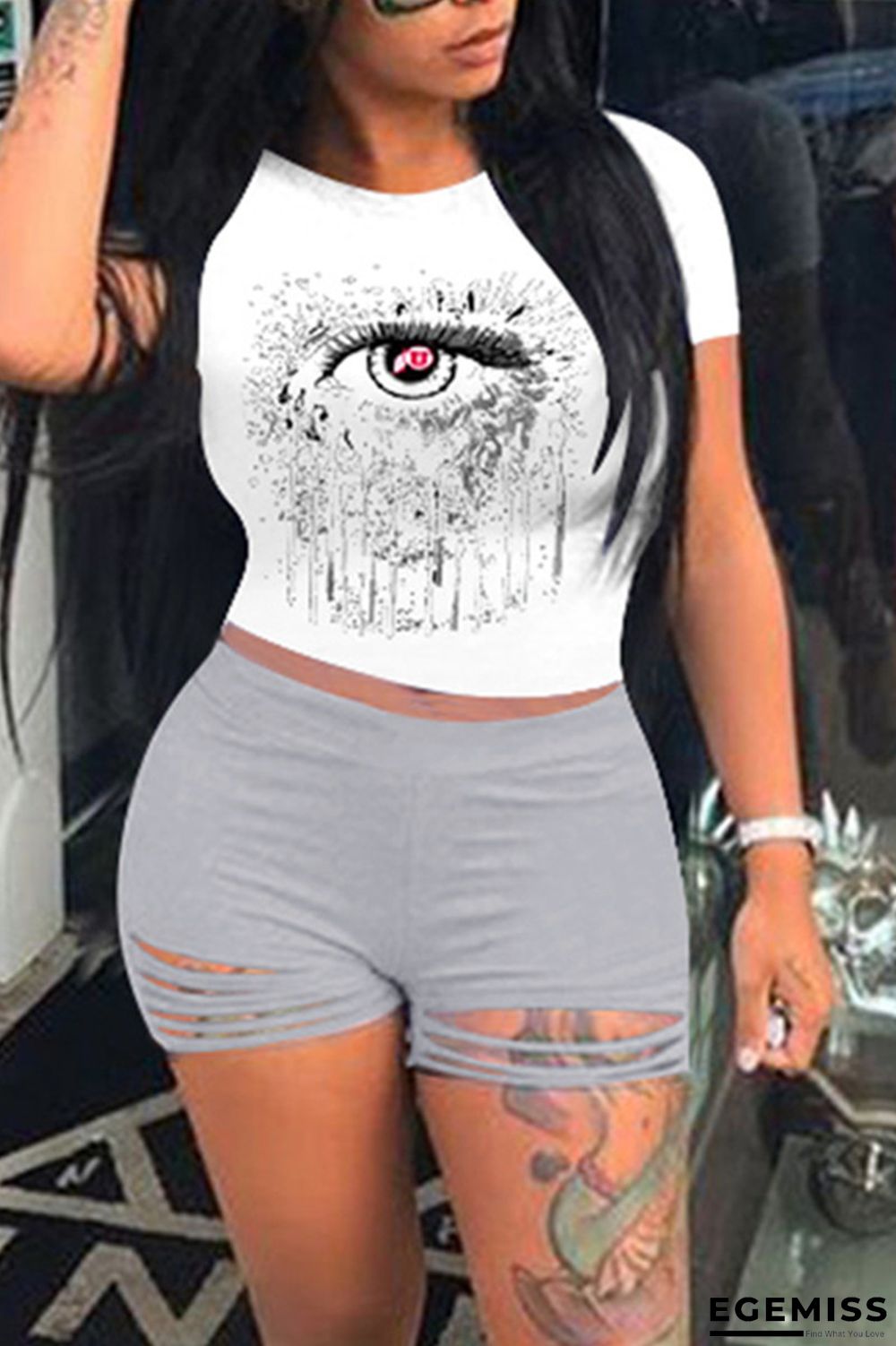 Grey Fashion adult Ma'am Lightly cooked Print Burn-out Two Piece Suits Eyes Printed pencil Short Sleeve Two Pieces | EGEMISS