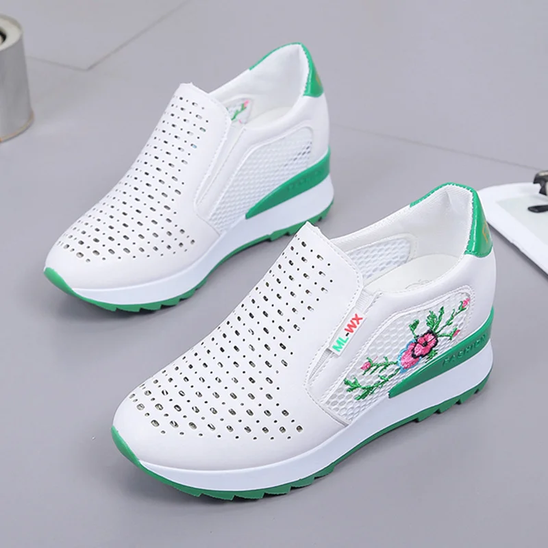 Qengg Women Casual Shoes Summer Spring Slip on Loafers Flower Mixed Colors Hollow Out Increasing Internal Height White Sneakers 35-40