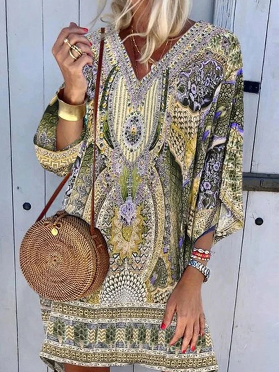 Bohemian V-neck Long Sleeve Printed Casual Dress
