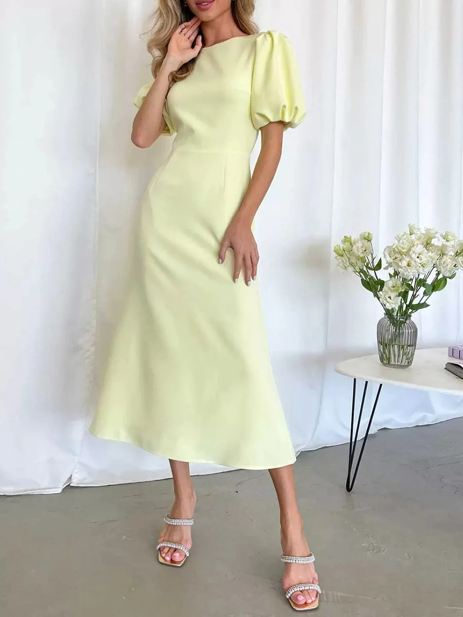 Simple High Waist Puff Sleeve Midi Dress