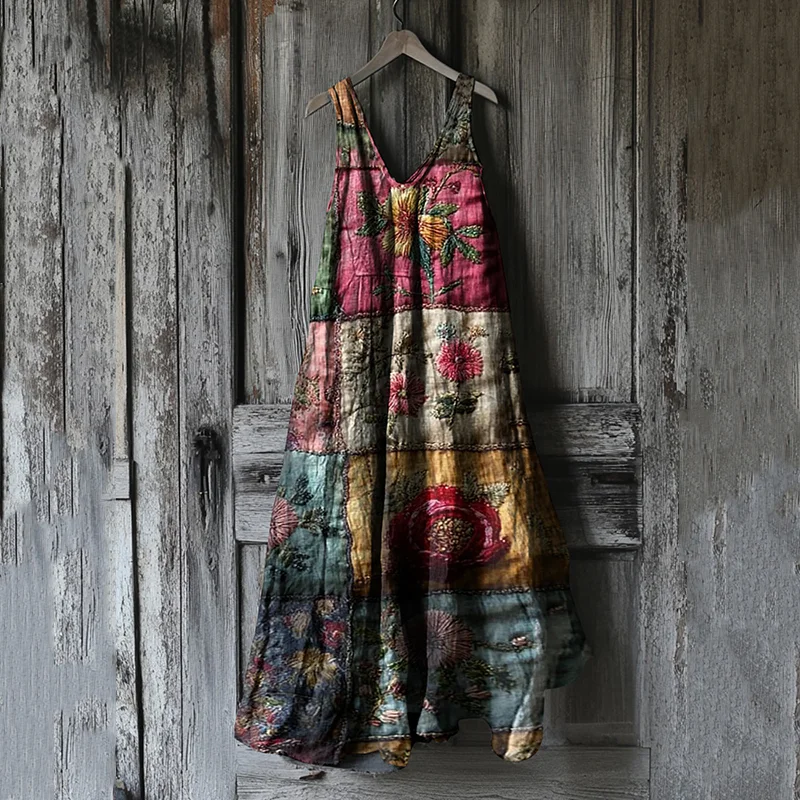 Women's Vintage Floral Patchwork Cotton And Linen Dress