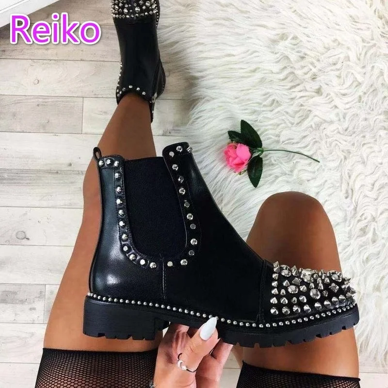 2021 women's new punk style autumn women's boots pointed toe low-heel rivet rhinestone Chelsea fashion boots women's shoes
