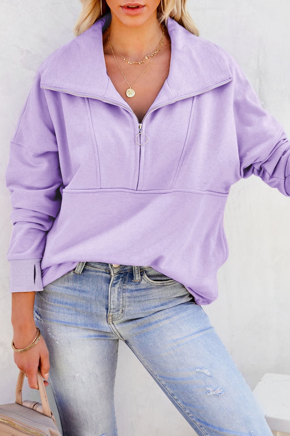 Purple Solid Color Zip Collar Sweatshirt with Pockets-PABIUYOU- Women's Fashion Leader