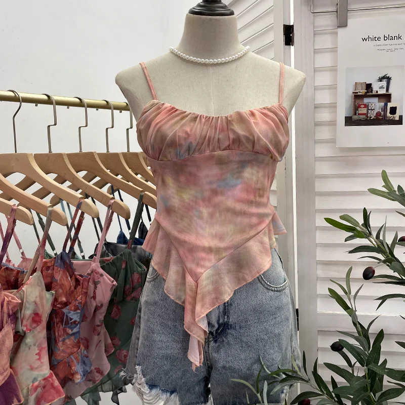 Nigikala Nigikala Shoot 辣tie Bra Irregular Sling Sling Vest Slimming Print Mesh Sleeveless Top 8950