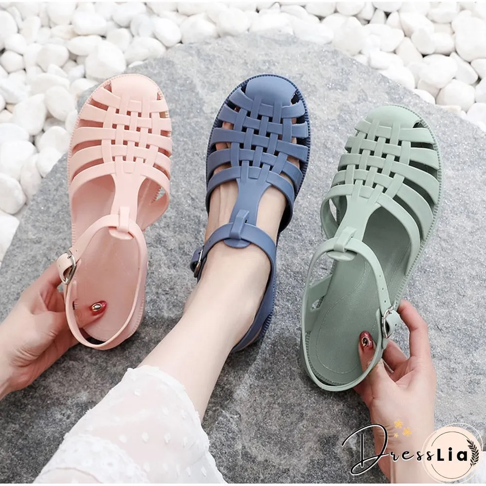 Womens Sandals Jelly Shoes Summer Ankle Strap Rubber Soft Sole Non-Slip Mom Casual