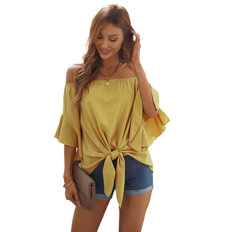 off Neck Chiffon Shirt Women Summer Solid Color Three Quarter Length Sleeve Lace up Pullover Top