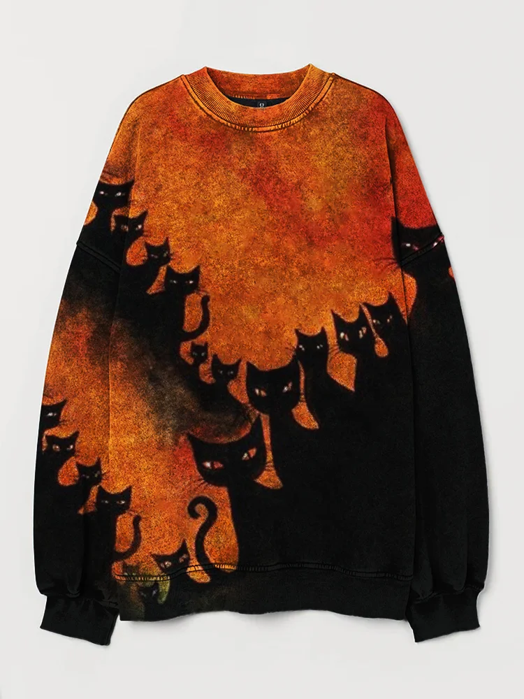 Broswear Halloween Black Cats Silhouette Contrast Washed Sweatshirt
