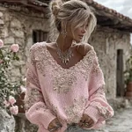 Women's Vintage Pink Flowers Art V-neck Cozy Knit Pullover Sweater - Image 3