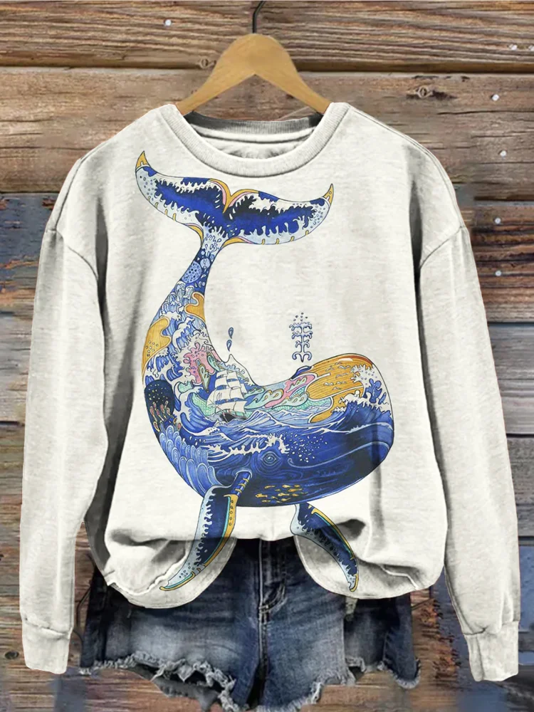 Japanese Wave Inspired Whale Art Vintage Sweatshirt