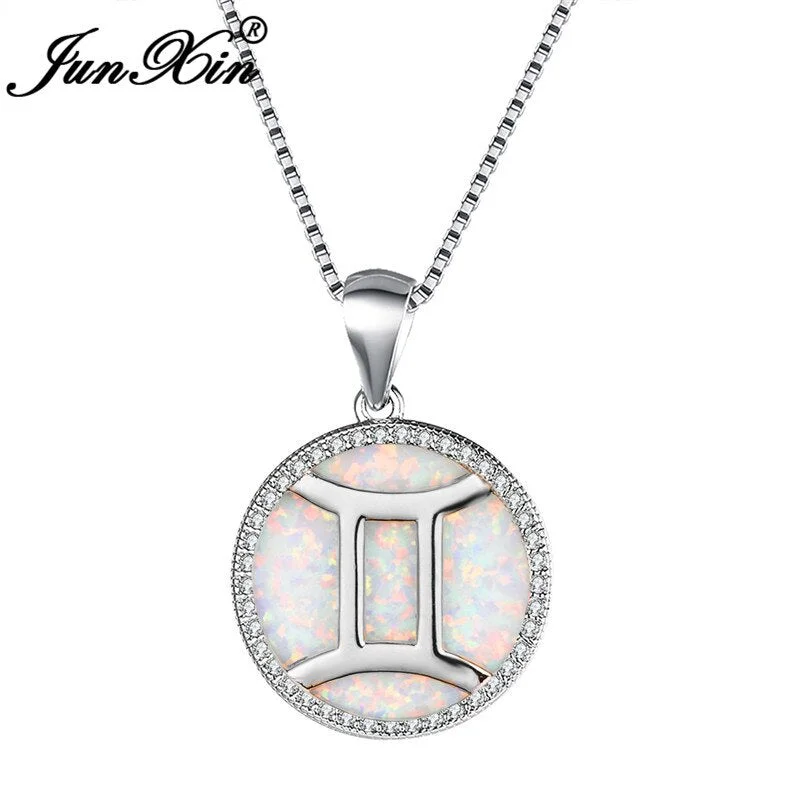 Boho Female Big Round Gemini Pendants Necklaces Blue White Fire Opal Necklaces For Women Silver Color Wedding Jewelry
