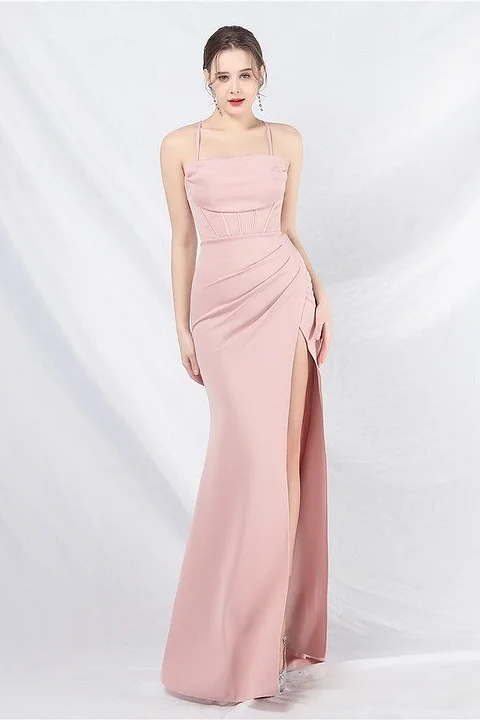 Daisda Pink Sleeveless Spaghetti Straps Square Mermaid Prom Dress