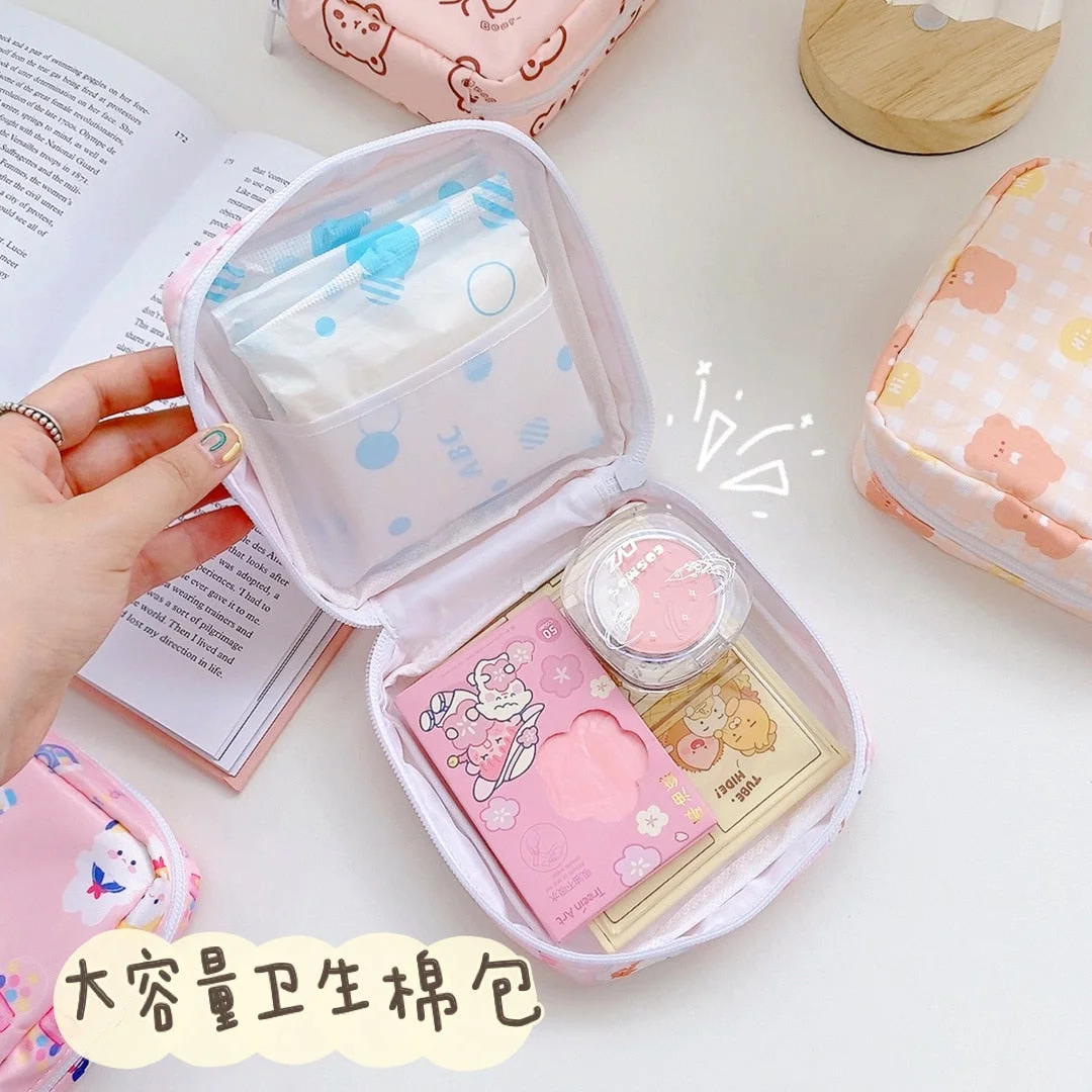 Travel Kawaii Cosmetic Storage Bag For Girls Cute Bear Rabbit Tampon Sanitary Pad Pouch Mini Makeup Earphone Coin Sundries Bags