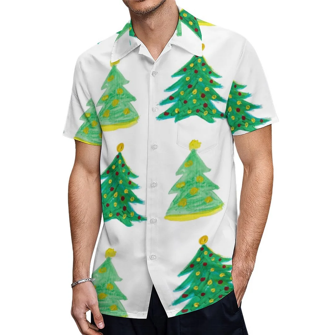 Short Sleeve Christmas Green Trees Hawaiian Shirt Mens Button Down Plus Size Tropical Hawaii Beach Shirts