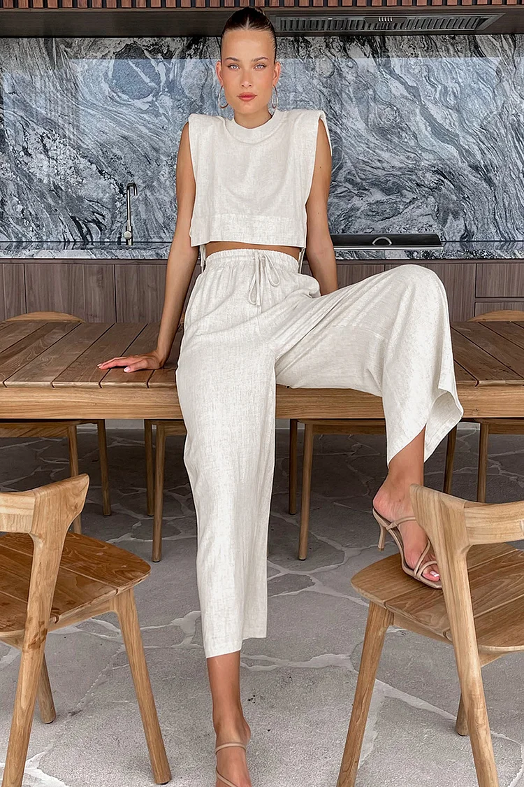 Sleeveless Stand Collar Tied Up Crop Top Drawstring Pocket Pants Matching Sets