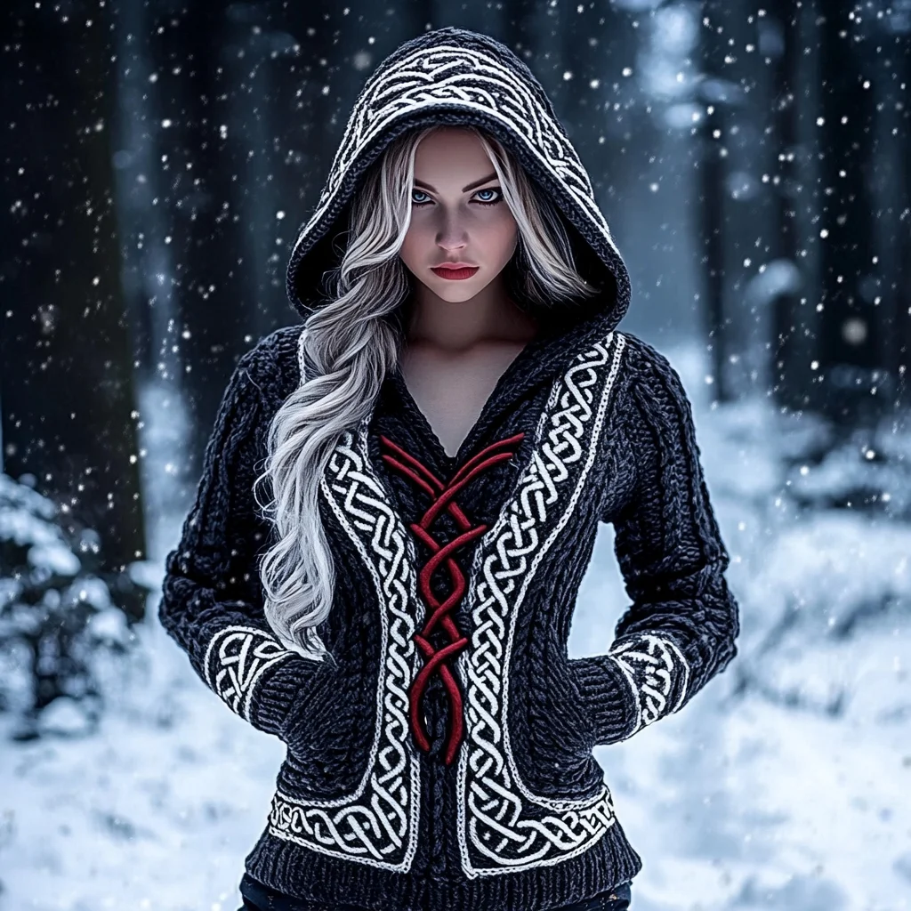 Women's Viking Celtic Knot Jacquard Knit Hooded Sweater