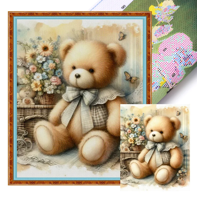 Blue Bow Bear (40*50cm) 11CT Stamped Cross Stitch gbfke