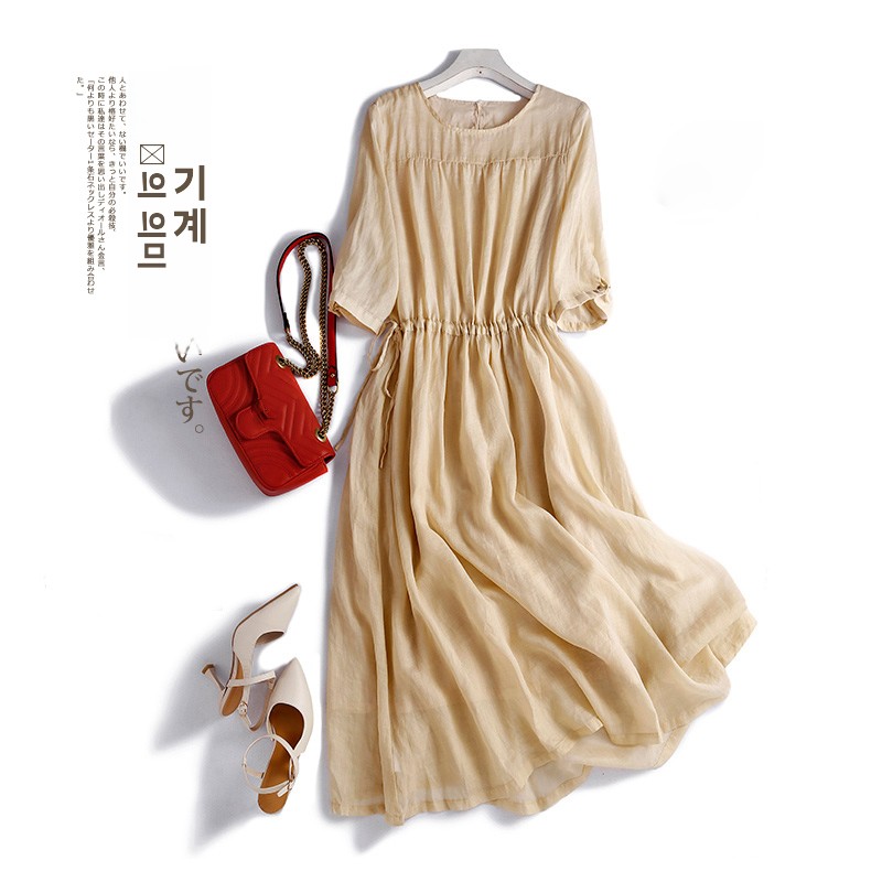 Elegant Women's Linen Maxi Dress High Waist Cotton Linen Short Sleeve Gown A-Line Skirt round Neckline Summer Fashion Dress