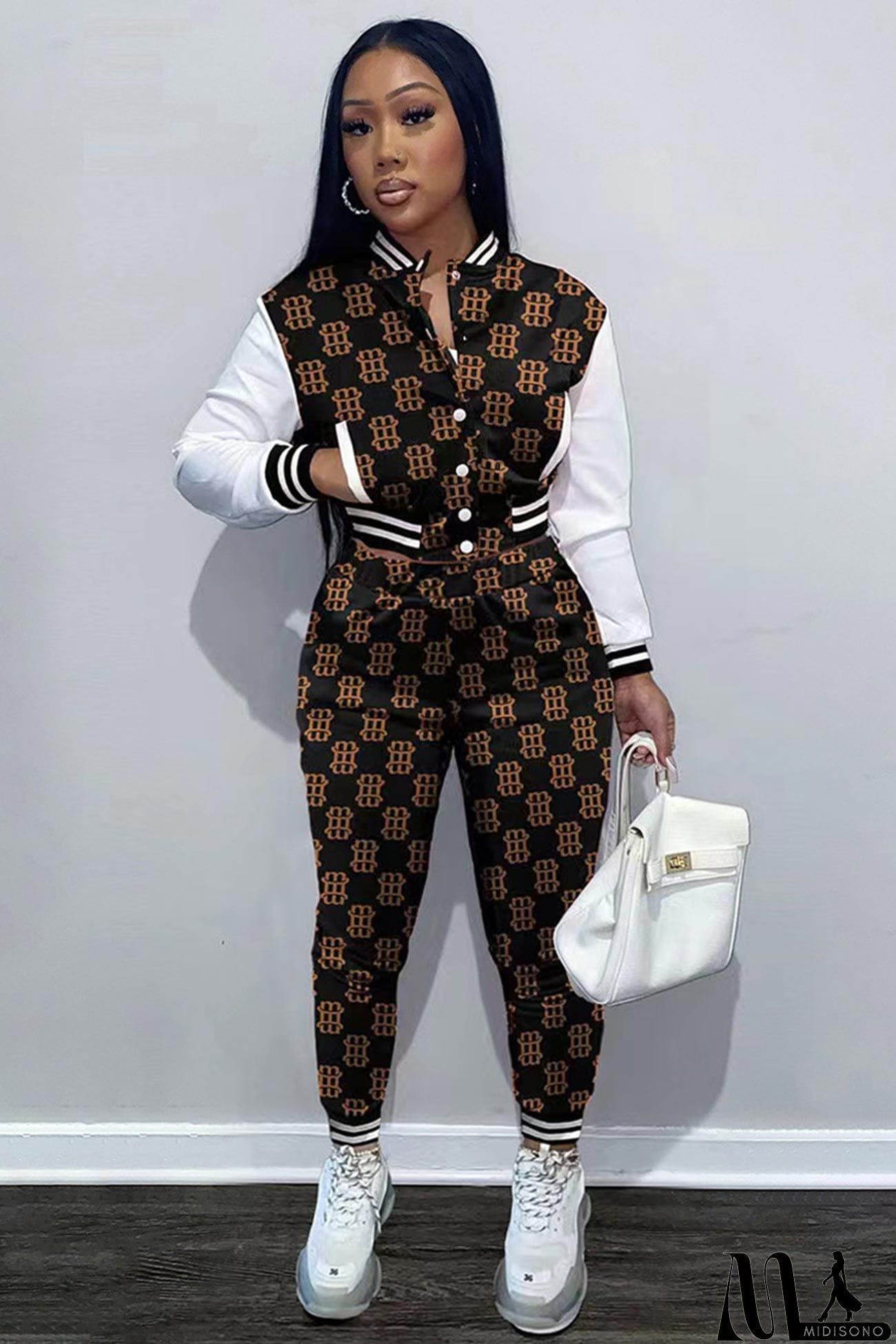 MidiSono - Printed Baseball Jacket Two-piece Pants Suits