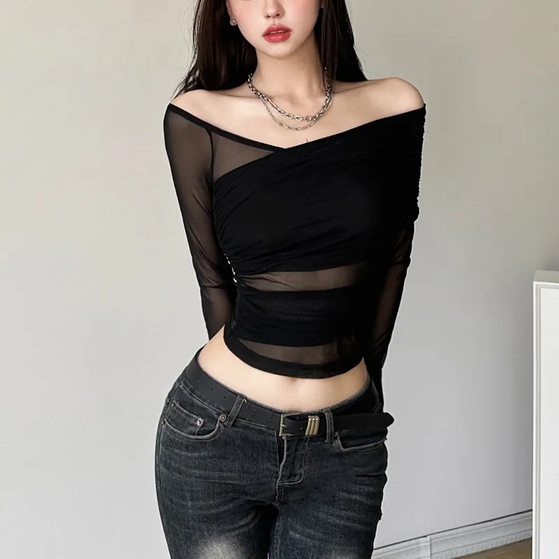 Uveng 2023 New Autumn Sexy Hottie Personality Niche Street Slim Thin Mesh Long Sleeves