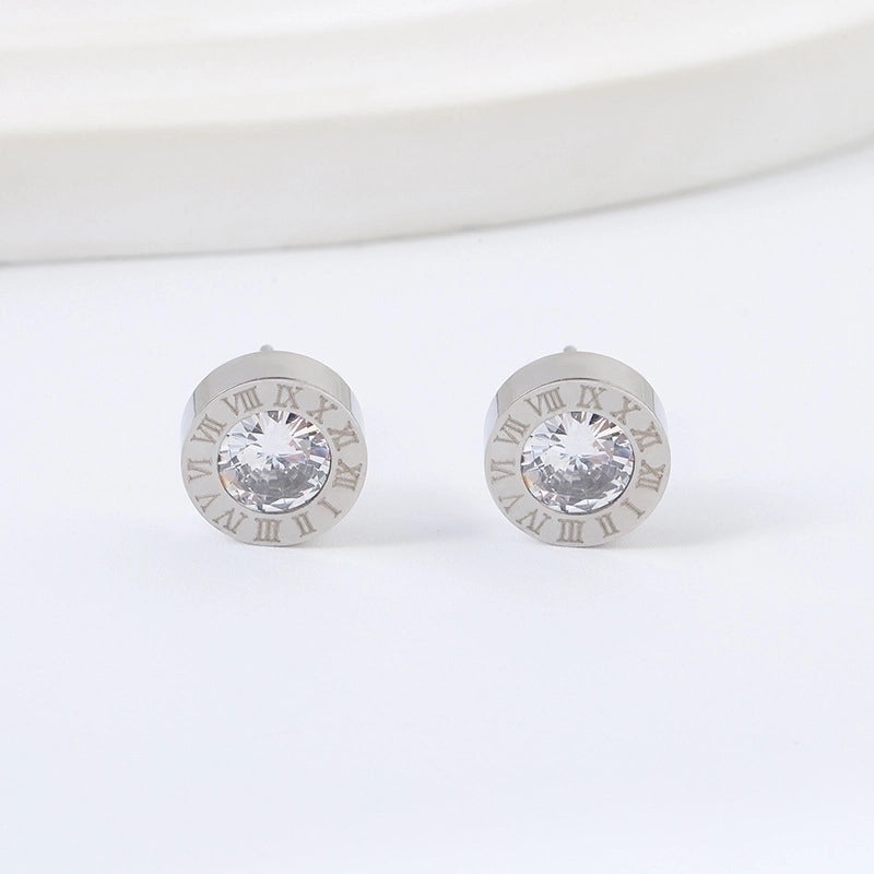 1 Pair Sweet Round Inlay Titanium Steel Zircon Ear Studs