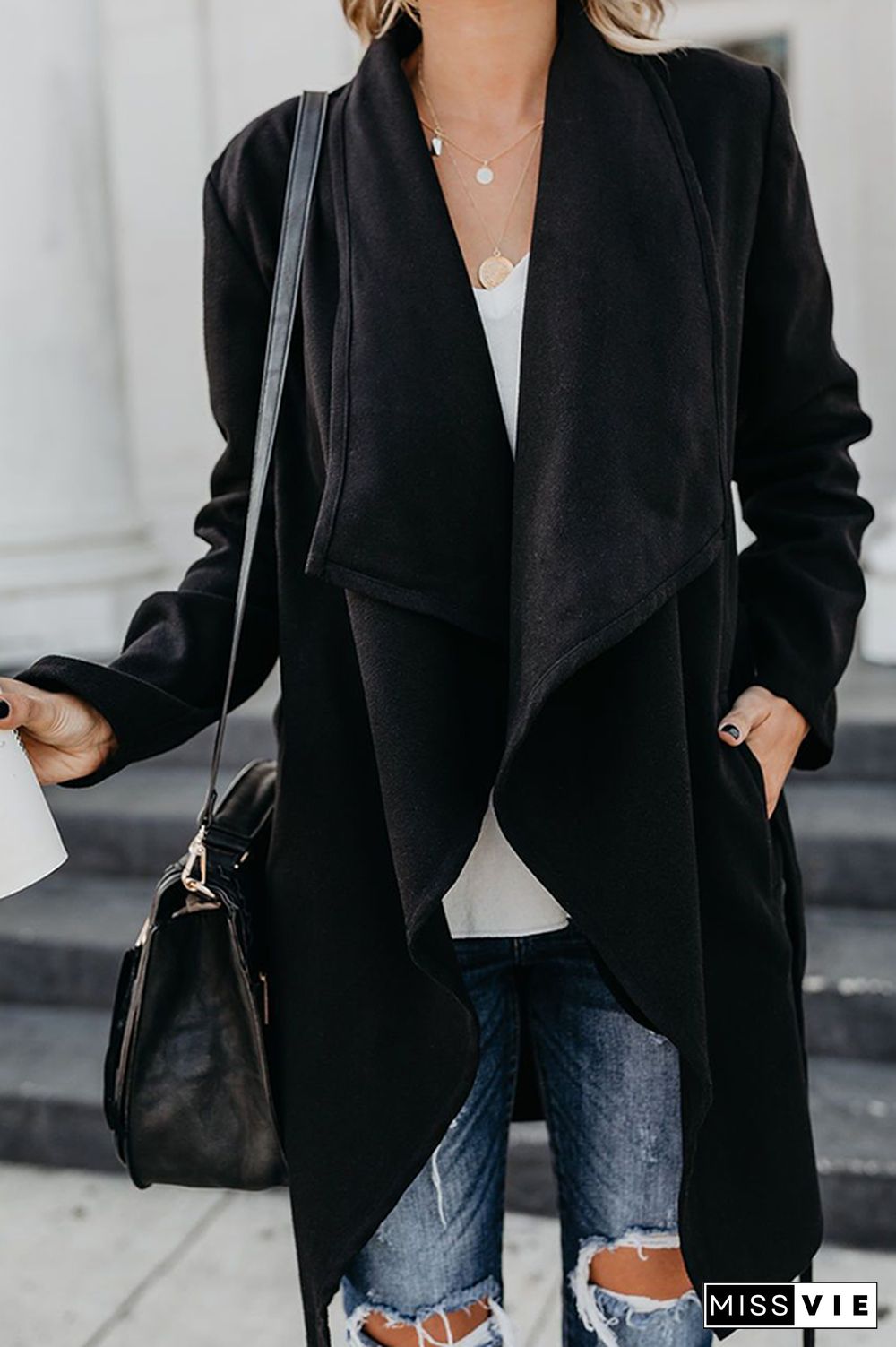 Elegant Solid Pocket With Belt Turndown Collar Outerwear