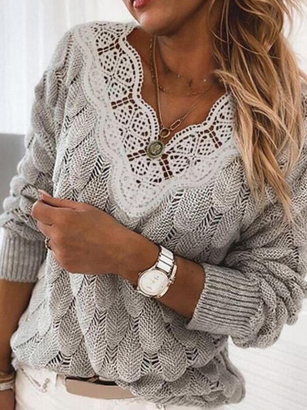Solid lace V-neck casual sweater