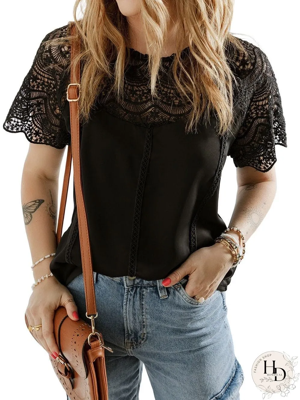 Elegant Black Lace Patchwork Top with Short Sleeves