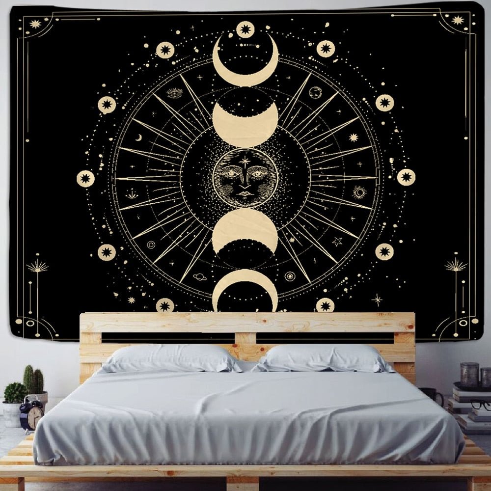 Golden Sun Moon Tapestry Wall Hanging Indian Mandala Boho Printed Psychedelic Tapiz Witchcraft Wall Cloth Tapestries