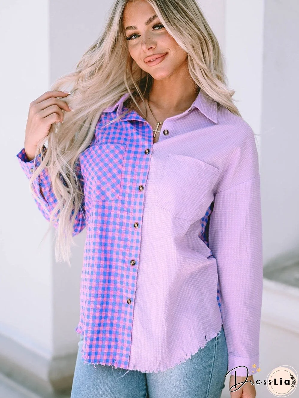 Elegant Plaid Print Purple Shirt with Button Detail