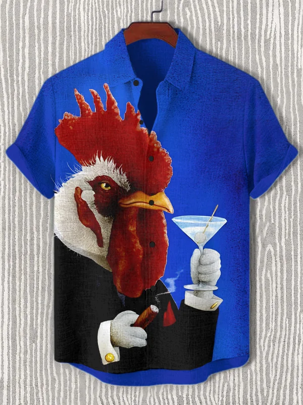 Men's Rooster Drinking Cocktail Funny Art Print Short Sleeve Shirt