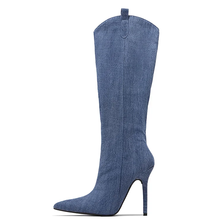 Vintage Knee High Denim Stiletto Heel Pointed Boots in Blue Vdcoo