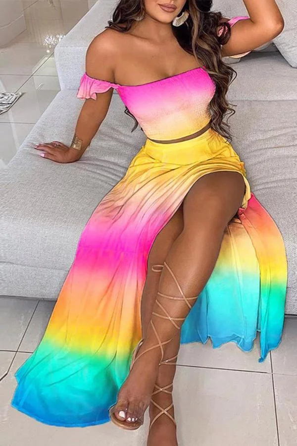 Off Shoulder Ombre Colorblock Top & High Slit Maxi Skirt Sets P13628