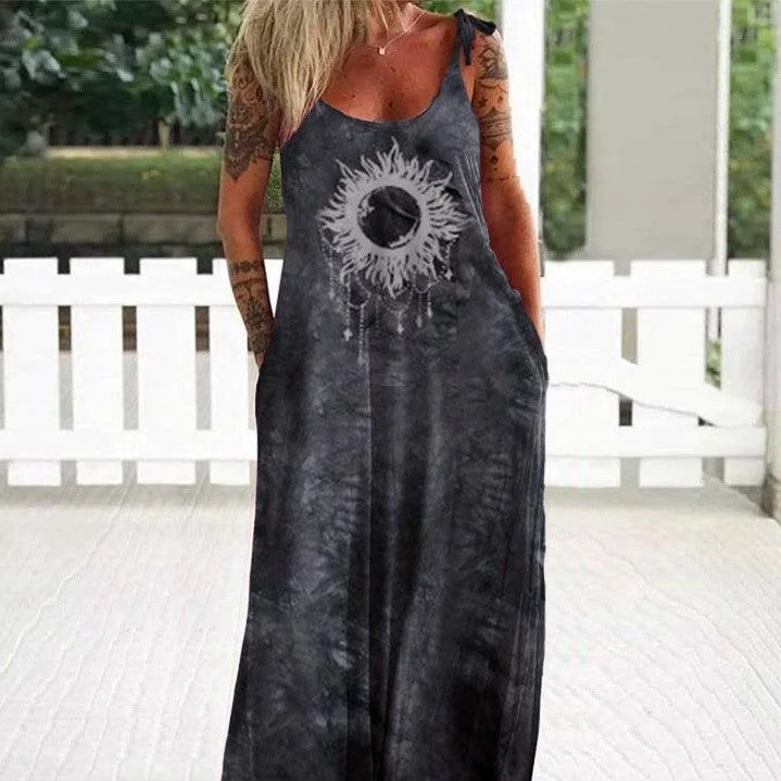 Adjustable Straps Floral Print Loose Vintage Fashion Casual Women's Dress