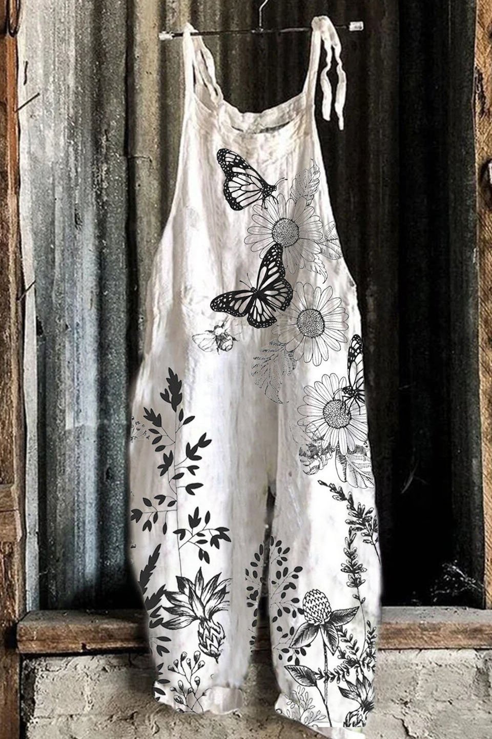 Butterfly floral print cotton and linen overalls