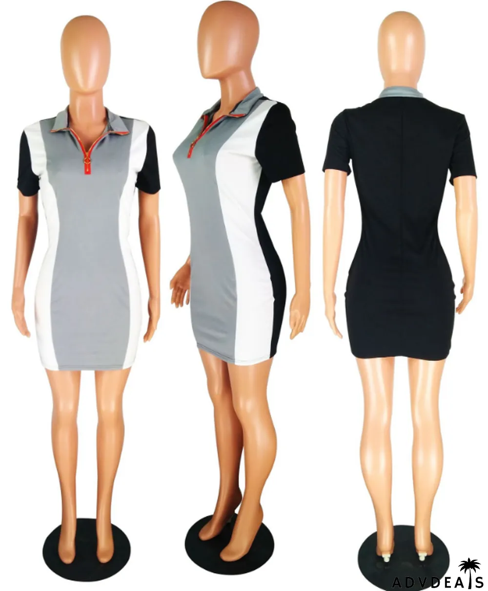Color Block Zipper V Neck Mini Dress