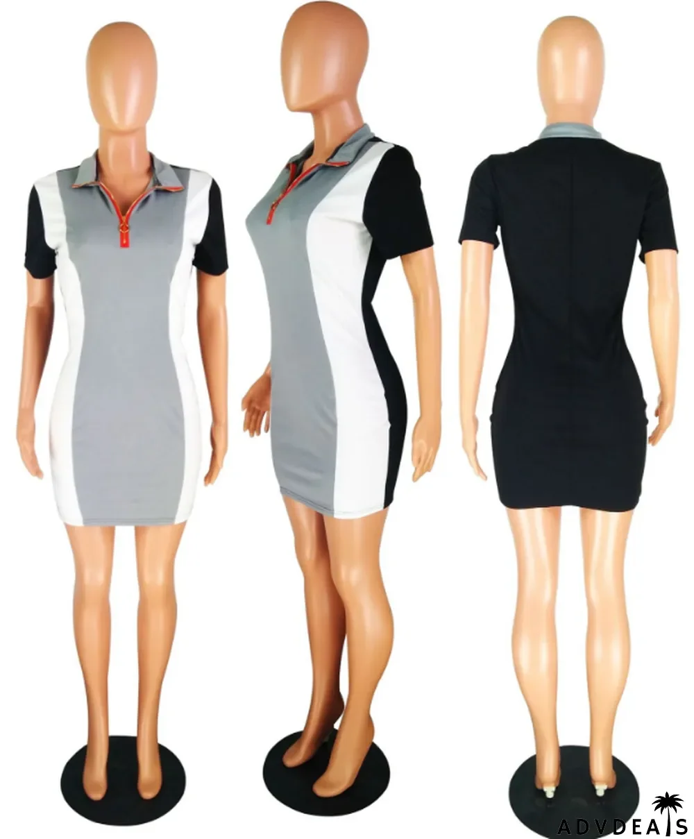 Color Block Zipper V Neck Mini Dress
