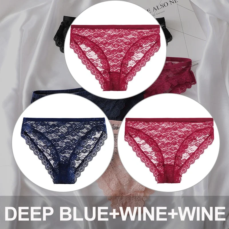 FINETOO 3PCS/Set Floral Lace Sexy Women Lingerie Panties M-2XL Plus Size Underpants Transparent Female Comfortable Briefs Girls