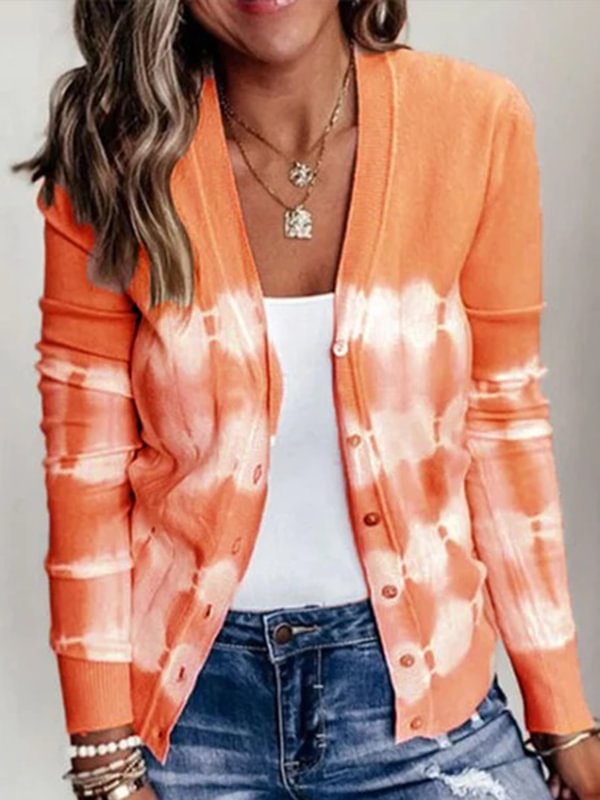 Casual Tie Dye Buckle V Neck Tops Sweater