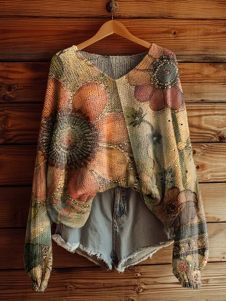 Women's Vintage Sunflower Floral Art Pattern Print Casual V Neck Pullover Sweater