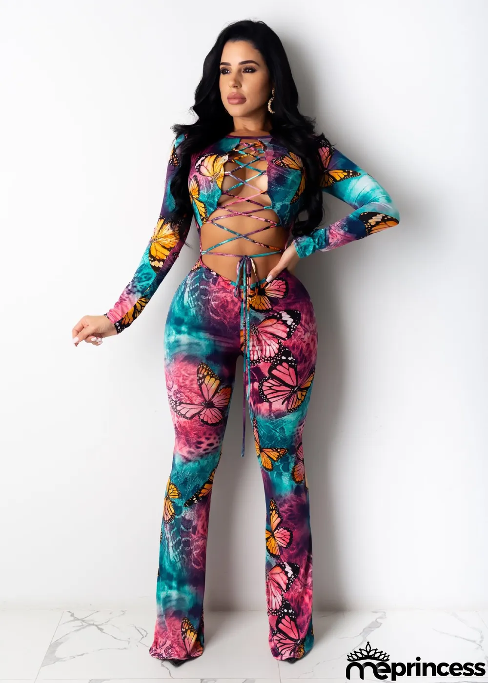 Women'S Sexy Lace-Up Butterfly Print Long Sleeve Jumpsuit