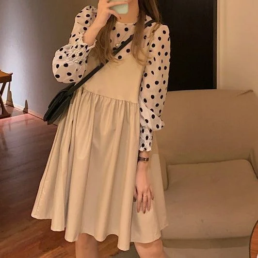 Puff-Sleeve Dotted Blouse / Overall Dress YP1594