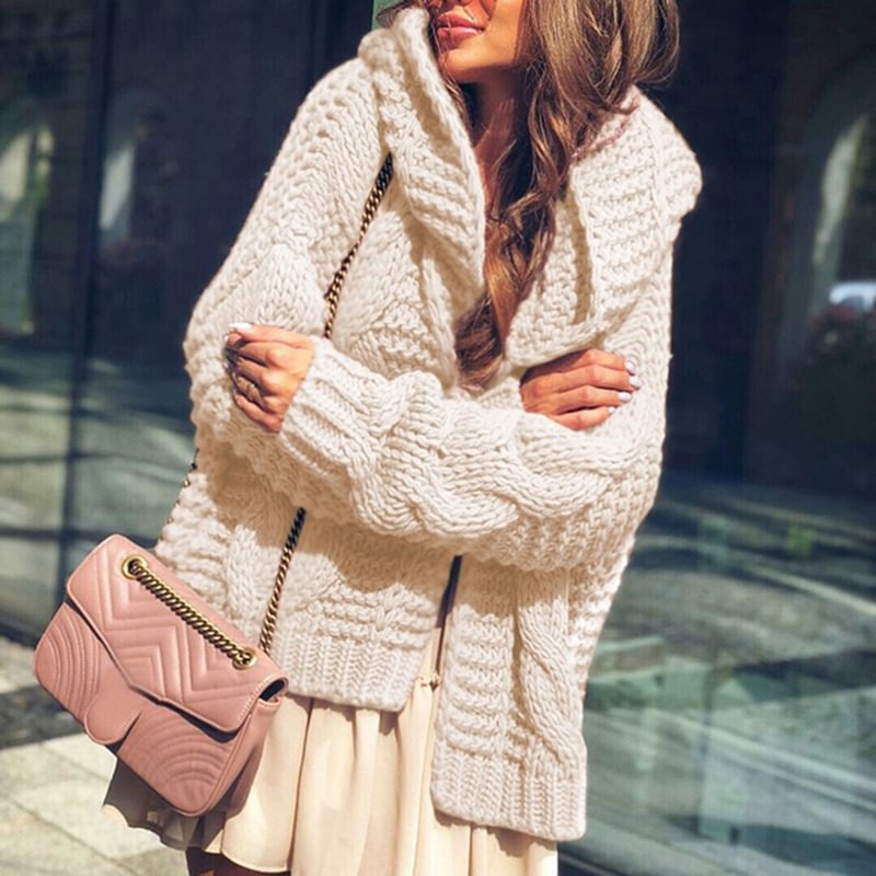 Twist Hat Cardigan Solid Color Coarse Yarn Sweater For