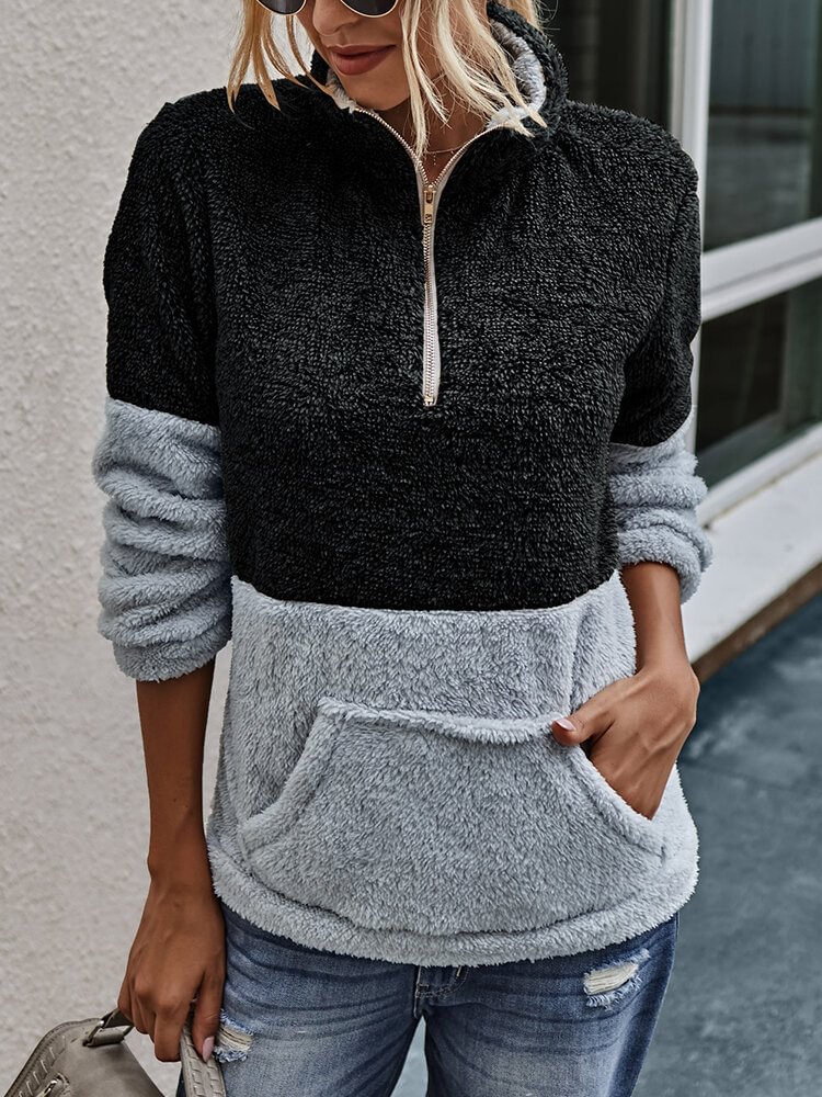 Patchwork Long Sleeve High Neck Zipper Fly Pocket Sweatshirt For Women - Shop Trendy Women's Clothing | LoverChic