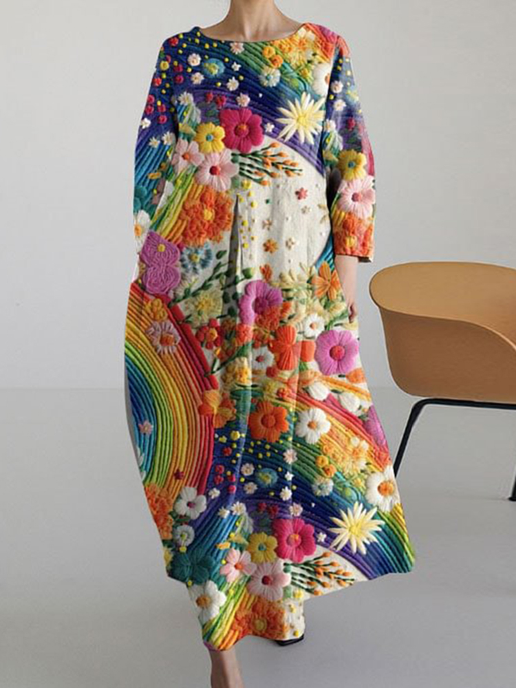 Comstylish Colorful Embroidered Floral Art Vintage Long Sleeve Midi Dress