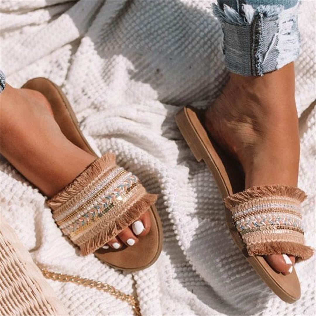 Bohemian Sandals Women Fur Furry Slippers Casual Beach Holiday Sandals Slippers Ladies 2020 Sun Flat Sandals Summer Woman